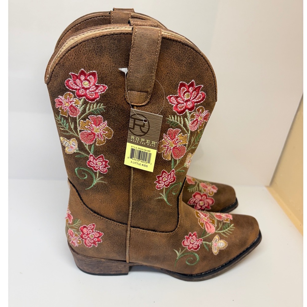 Roper Little Kids Brown Floral Embroidered Snip Toe Cowboy Boots